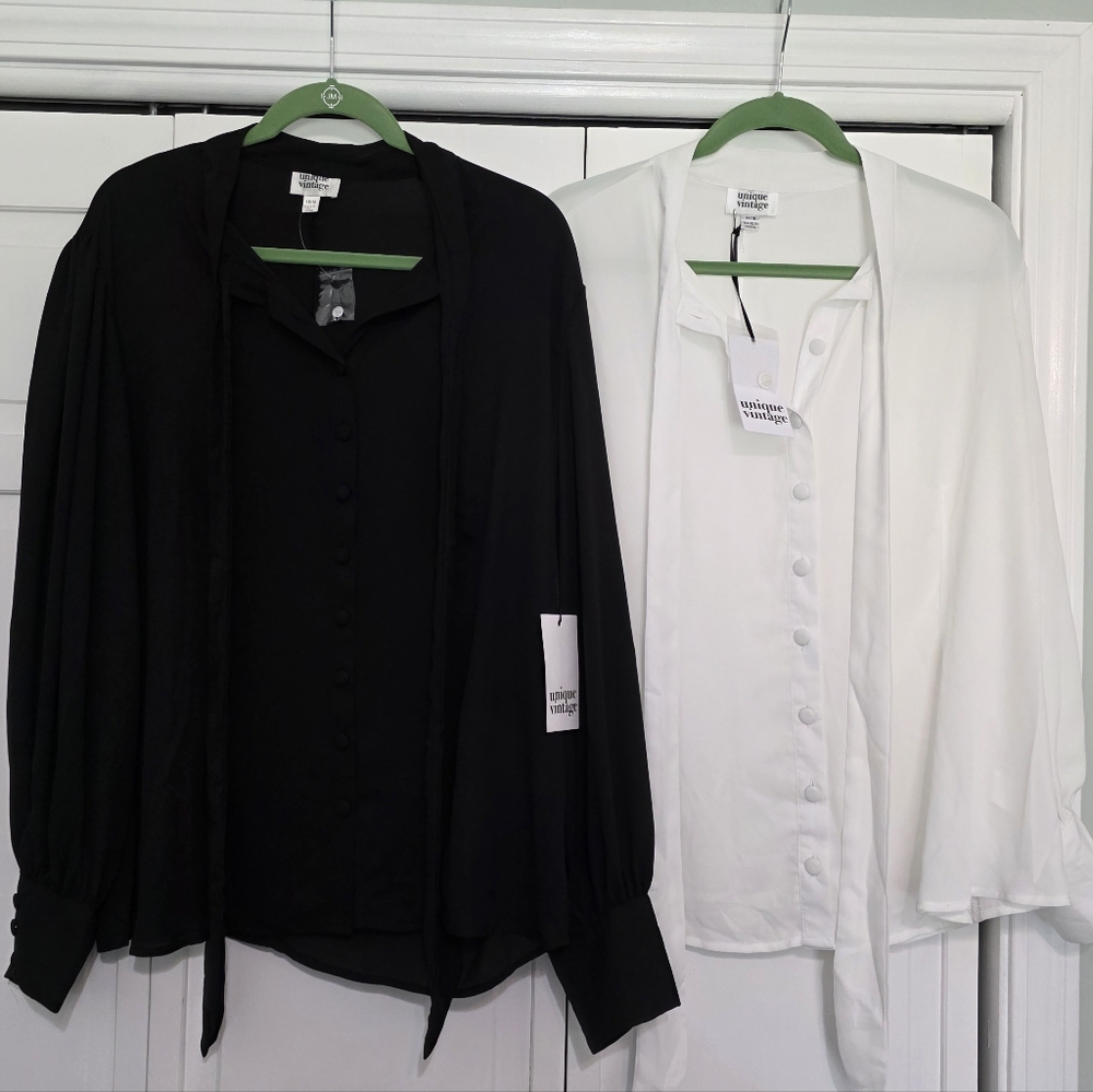 Unique Vintage Lot of 2 Button-up Bow Neck Tie Gwen Blouses 1X/16 Black & White - Picture 2 of 9